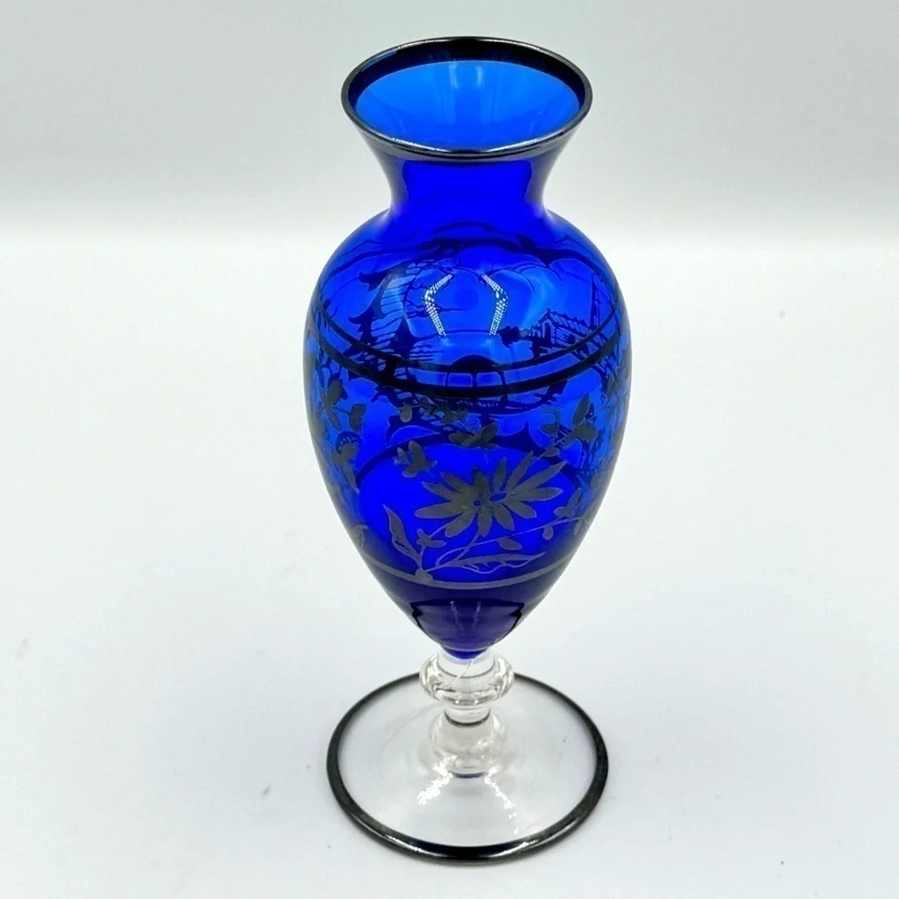 Vintage Cobalt Blue and Sterling Silver Overlay Floral Bud Vase
